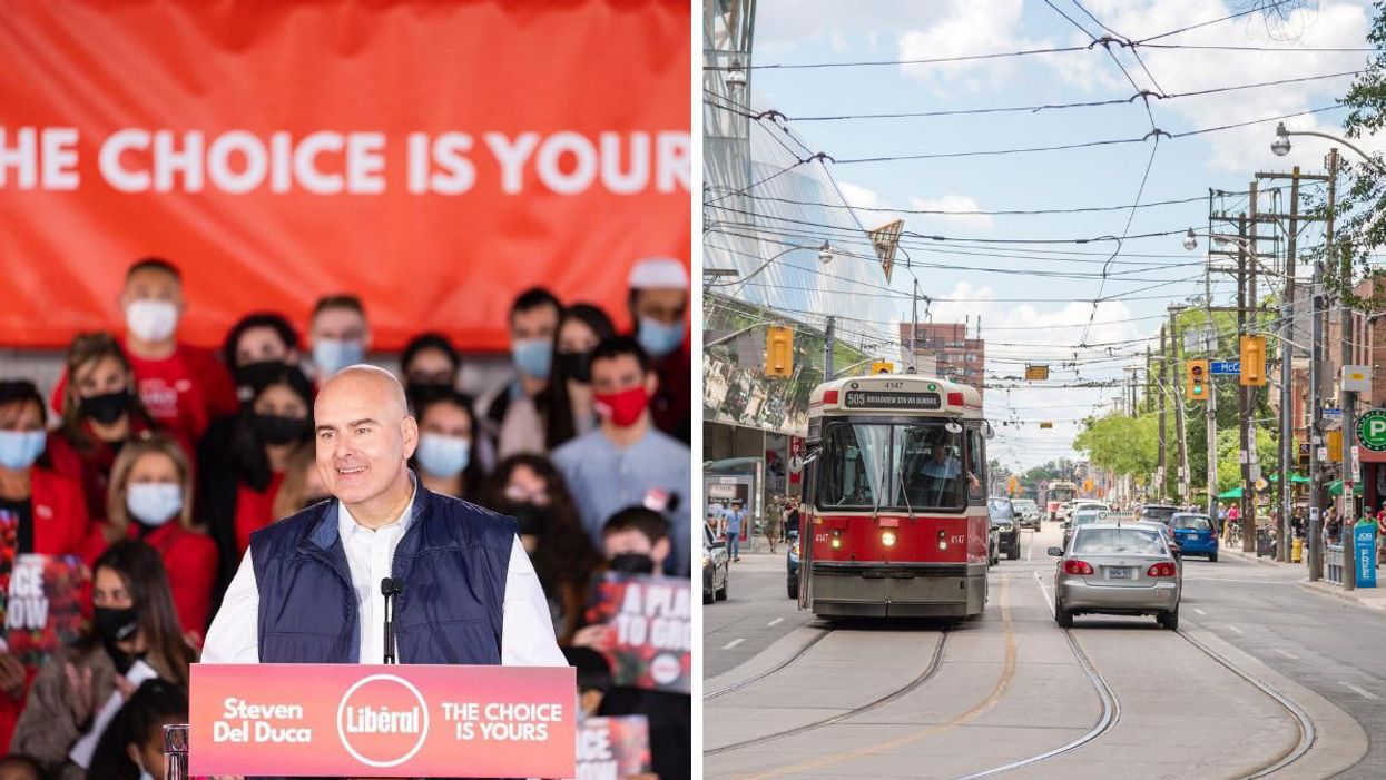 Ontario Liberal Leader Steven Del Duca. Right: Toronto streetcar.