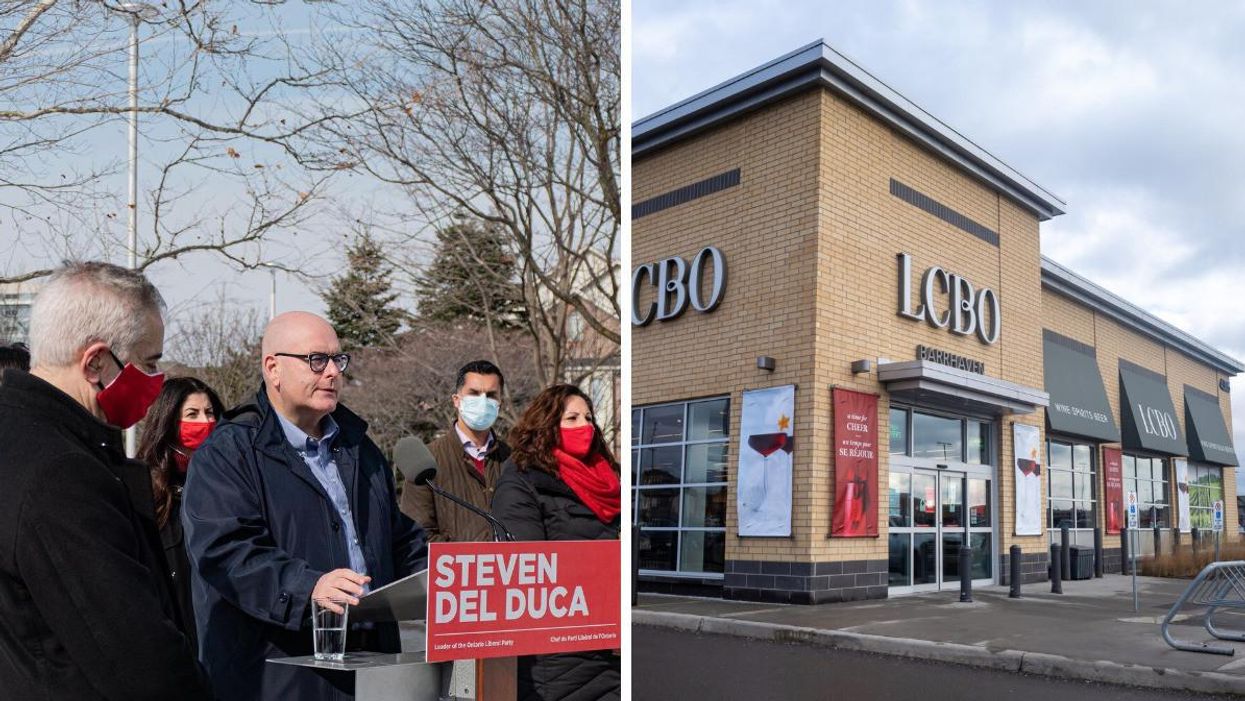 Ontario Liberal Party leader Steven Del Duca making a speech, RIGHT: LCBO store in Barrhaven, Ottawa