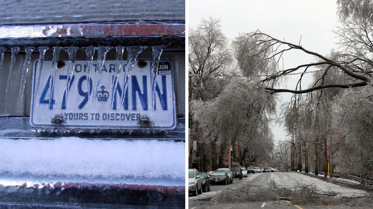 Ontario licence plate in freezing rain. Right: A frozen street.