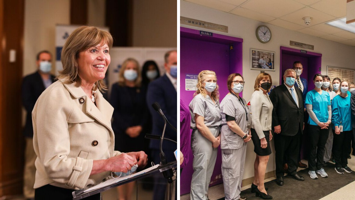 Ontario Minister of Health Christine Elliott. Right: Elliott standing with Doug Ford and health care workers.