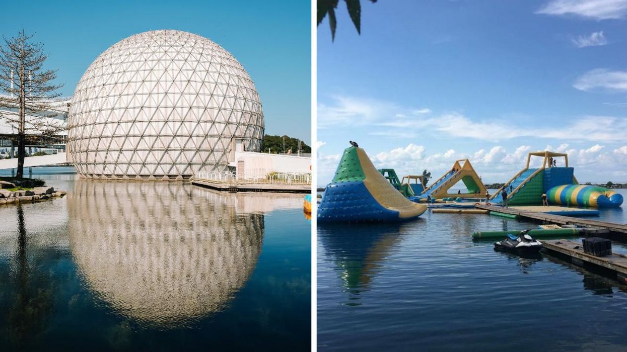 Ontario Place in Toronto, Ontario. Right: Lake Shore Inflatable Waterpark in Toronto, Ontario.