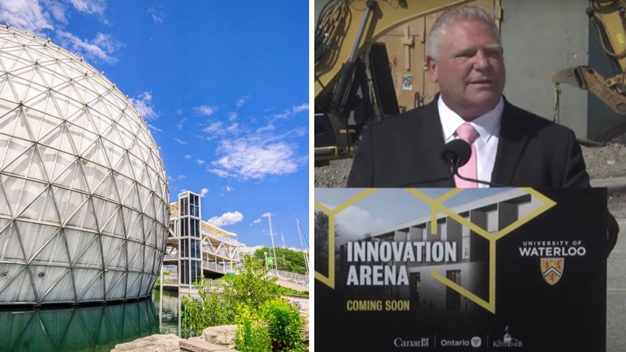 Ontario Place. Right: Premier Doug Ford at Kitchener conference.