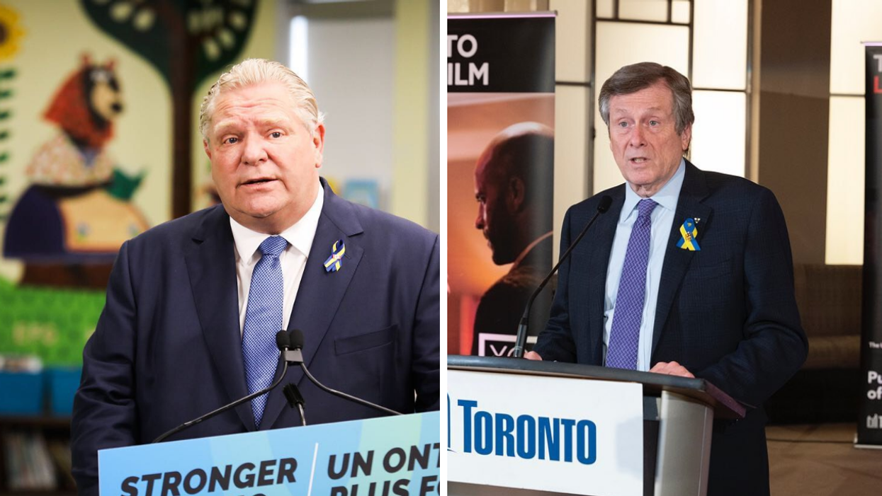 Ontario Premier Doug Ford at a conference. Right: Toronto Mayor John Tory at a conference.