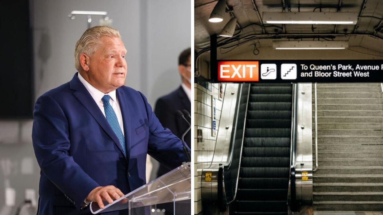 Ontario Premier Doug Ford at a news conference on January 16, 2023. Right: Inside a TTC station in Toronto, Ontario.