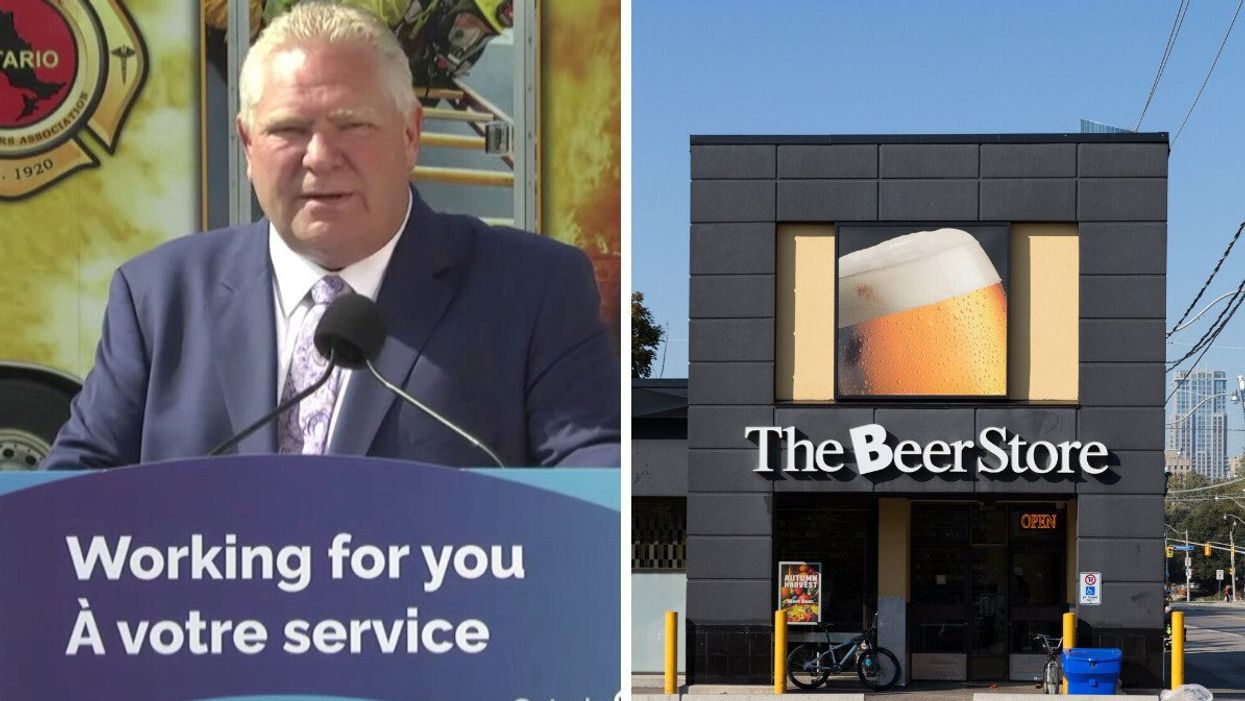 Ontario Premier Doug Ford at a press conference May 15, 2023. Right: A Beer Store location in Toronto, Ontario.