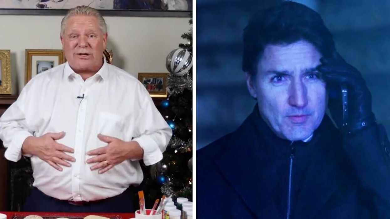 Ontario Premier Doug Ford decorating Christmas cookies. Right: Prime Minister Justin Trudeau in a spy-themed holiday video.