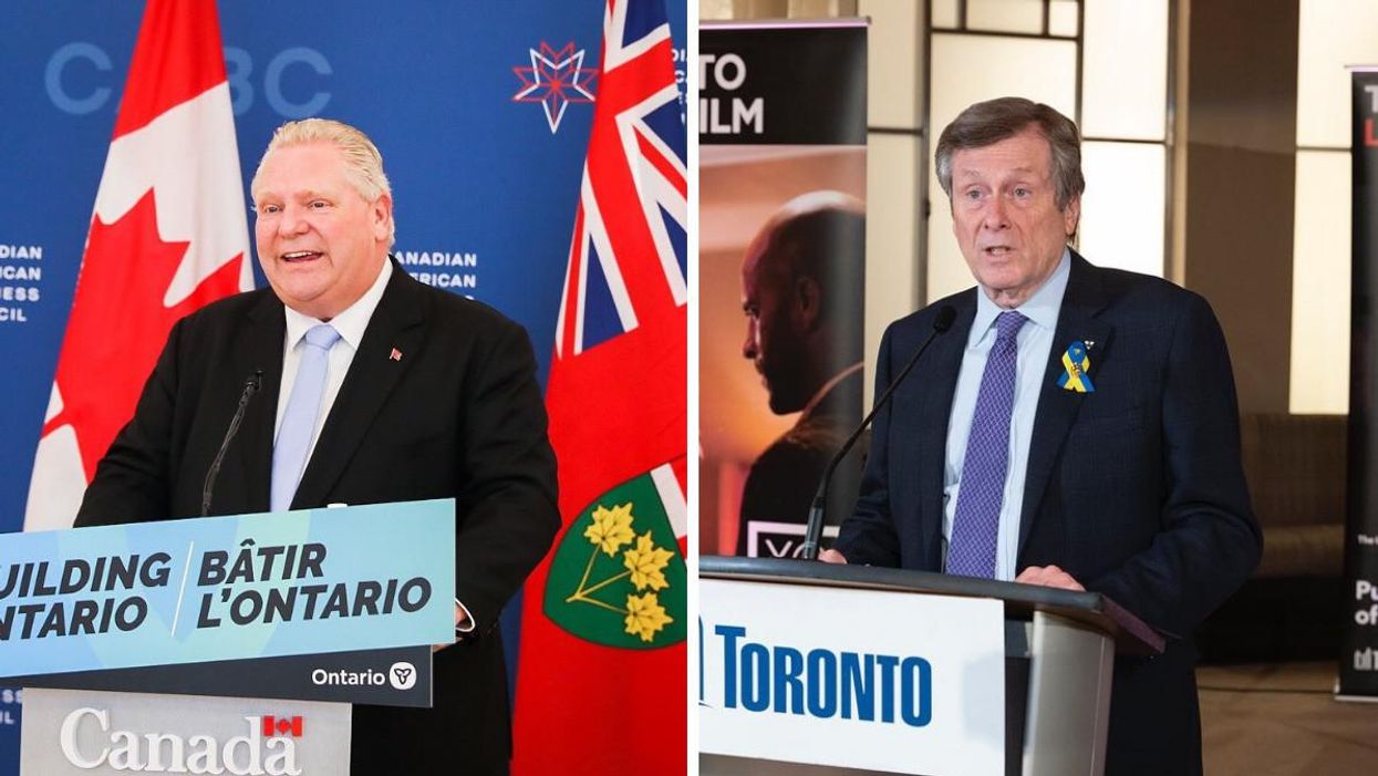 Ontario Premier Doug Ford making a speech. Right: Mayor of Toronto John Tory at the podium.
