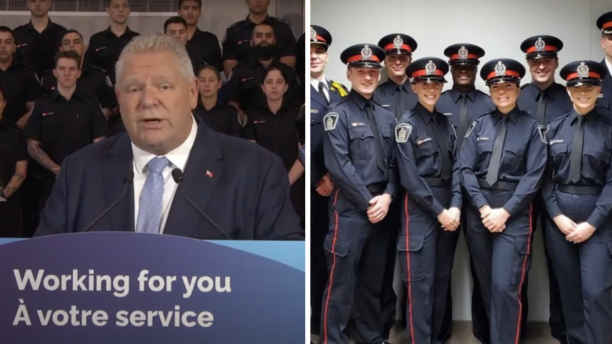 Ontario Premier Doug Ford. Right. Ontario Police College graduates.
