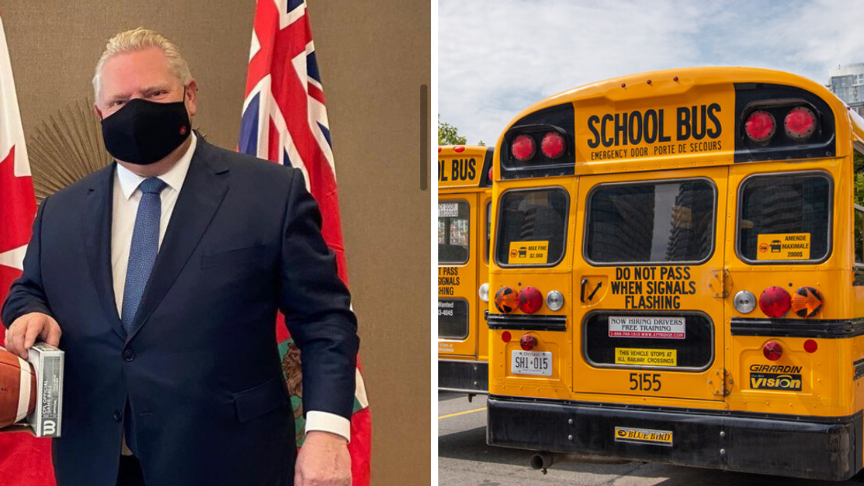 Ontario Premier Doug Ford. Right: Ontario school bus.