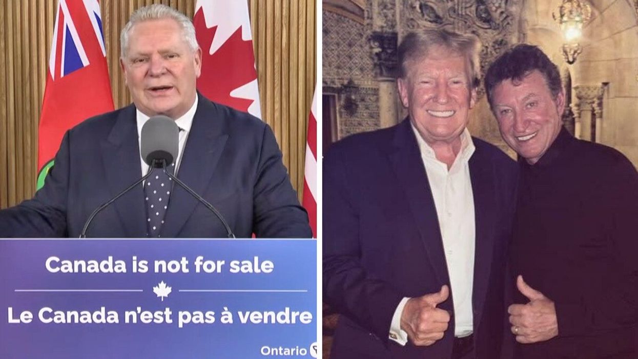 Ontario Premier Doug Ford speaking at a podium with a sign reading, "Canada is not for sale." Right: Donald Trump and Wayne Gretzky smile and give a thumbs up.