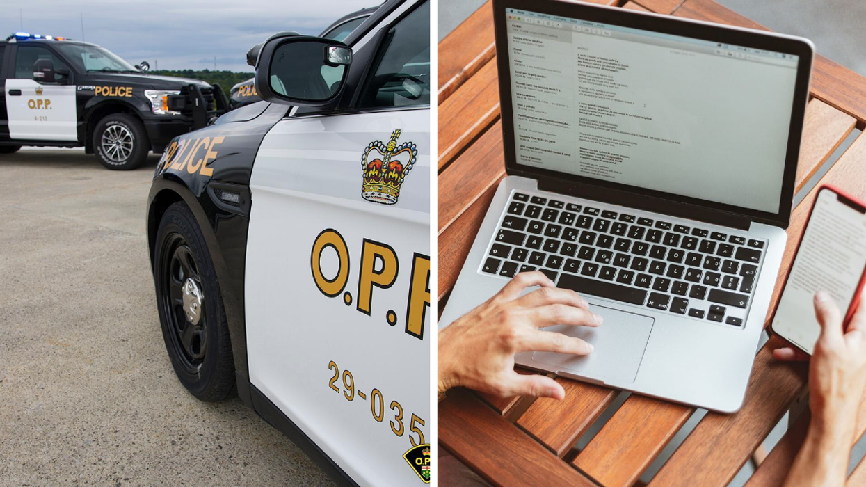 Ontario Provincial Police cars, Right: Illustrative image of a phishing email on someone's laptop.