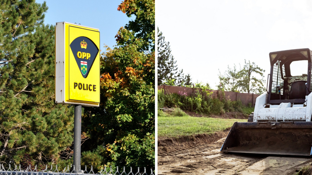Ontario Provincial Police sign. Right: A skid steer.