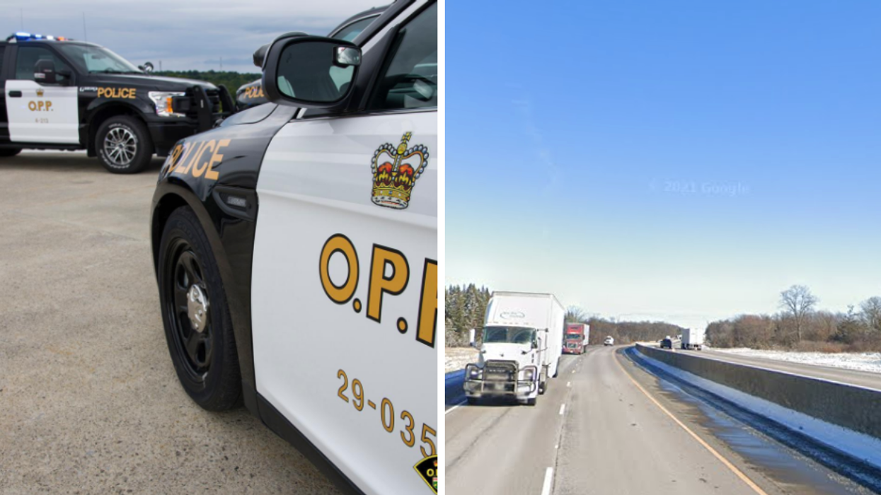 Ontario Provincial Police vehicles. Right: Highway 401 between Aikens Rd. and St. Hilarie Rd. in Quinte West.