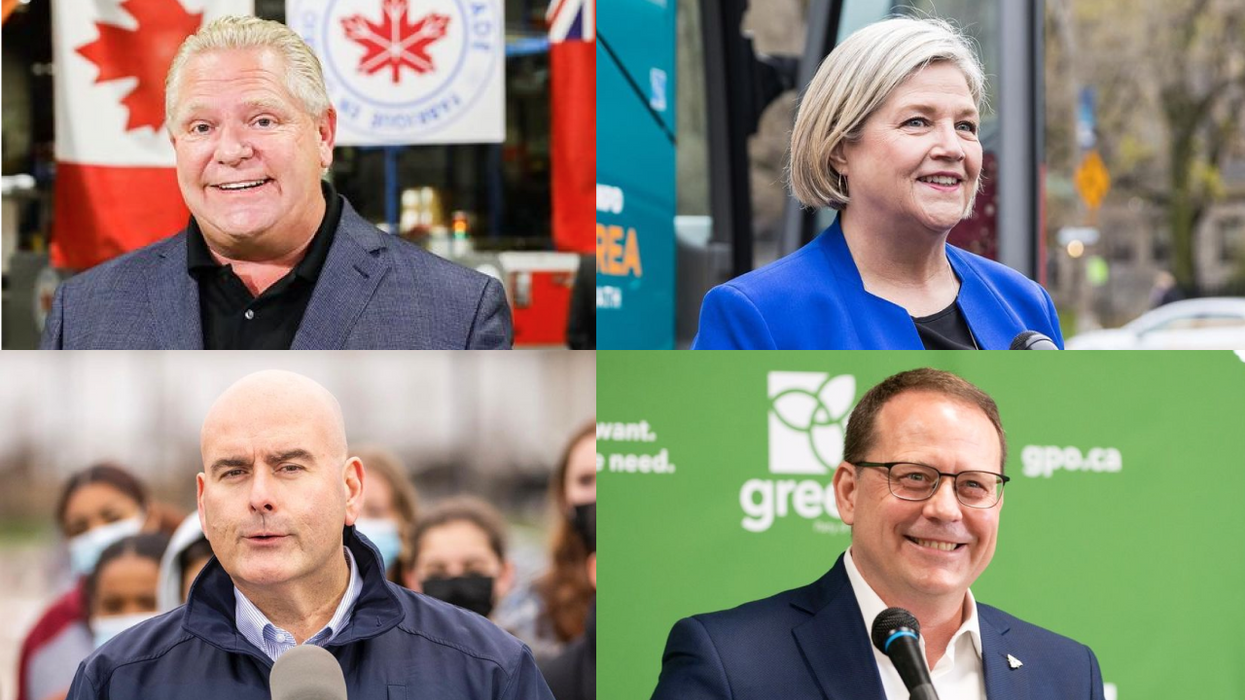 Ontario's four main party leaders. Up left: Doug Ford. Up right: Andrea Horwath. Bottom left: Steven Del Duca. Bottom right: Mike Schreiner.