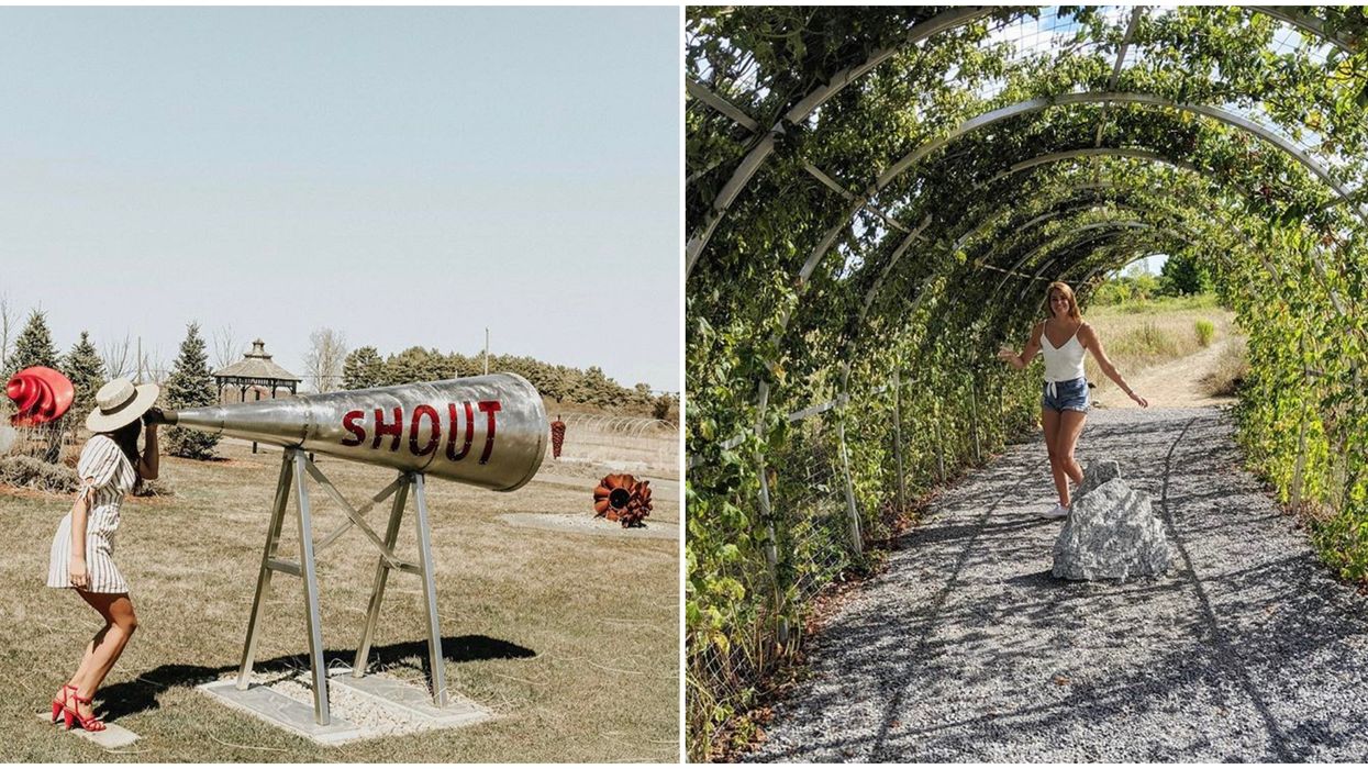 Ontario's Huff Estates Winery Has A Giant Sculpture Garden & Leafy Tunnel To Explore