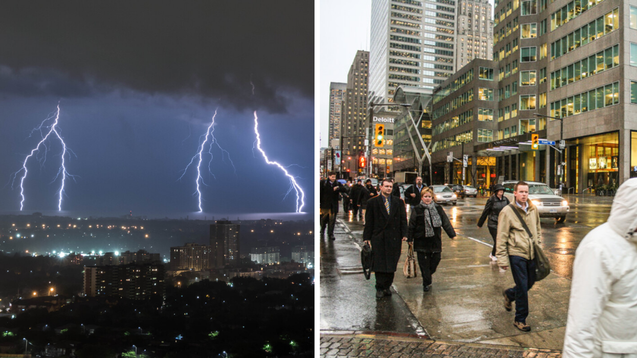 Ontario thunderstorm. Right: People walk in Toronto while it rains.