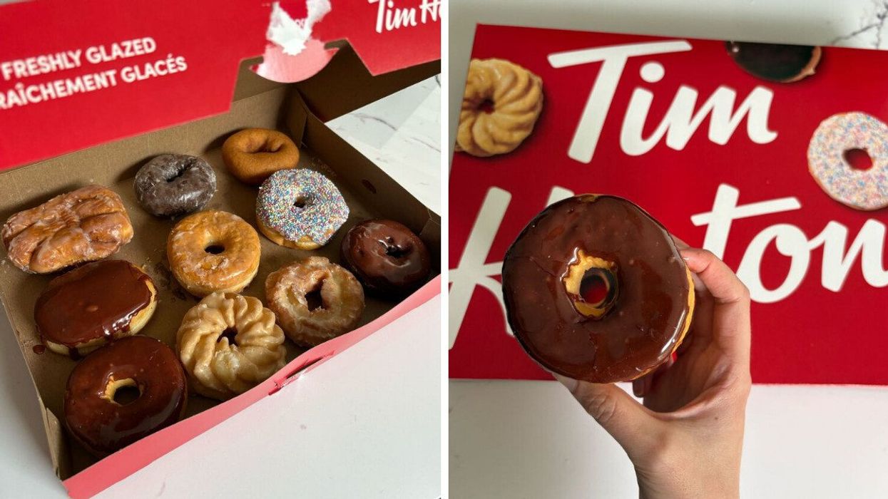 open box of tim hortons donuts. right: person holding chocolate glazed donut above a tim hortons box