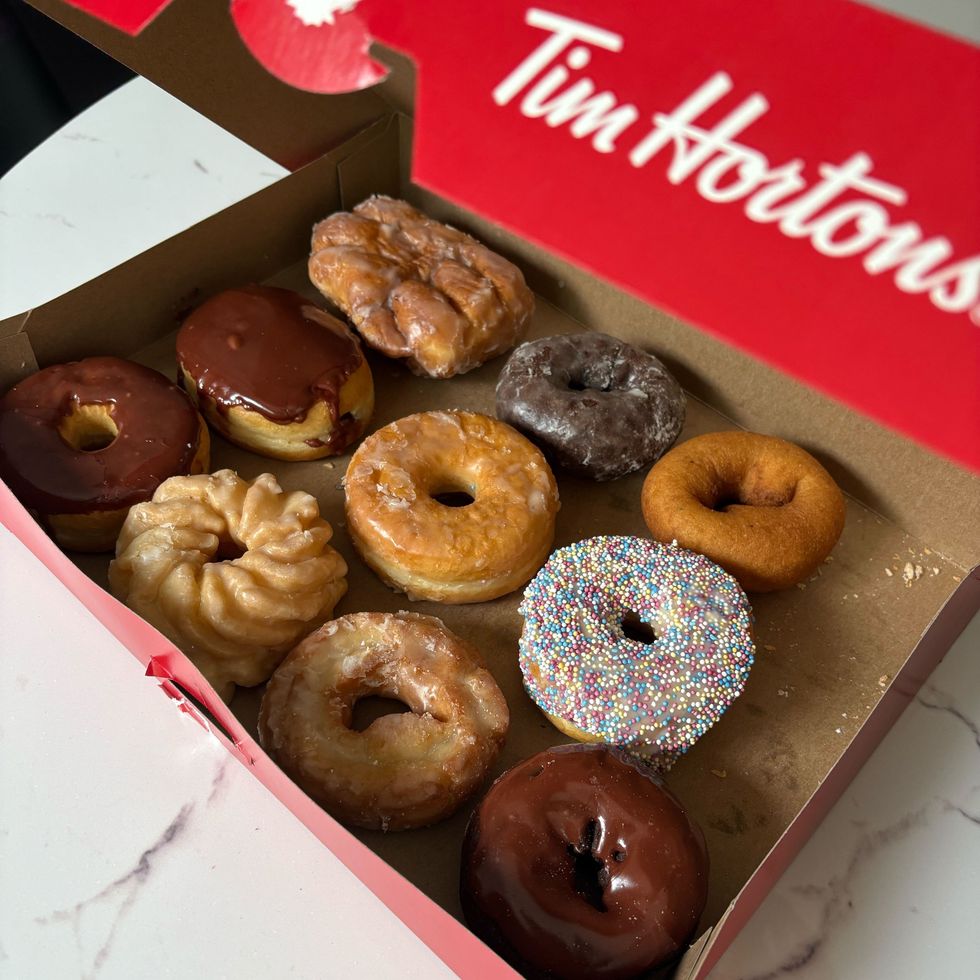 open box of tim hortons donuts