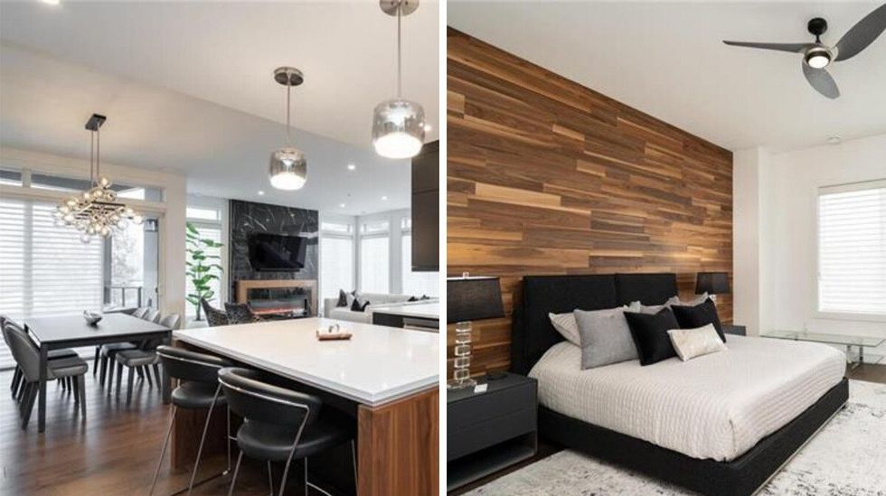 Open-concept kitchen, dining and living area in the house for sale in Winnipeg. Right: Bedroom with a wood accent wall.