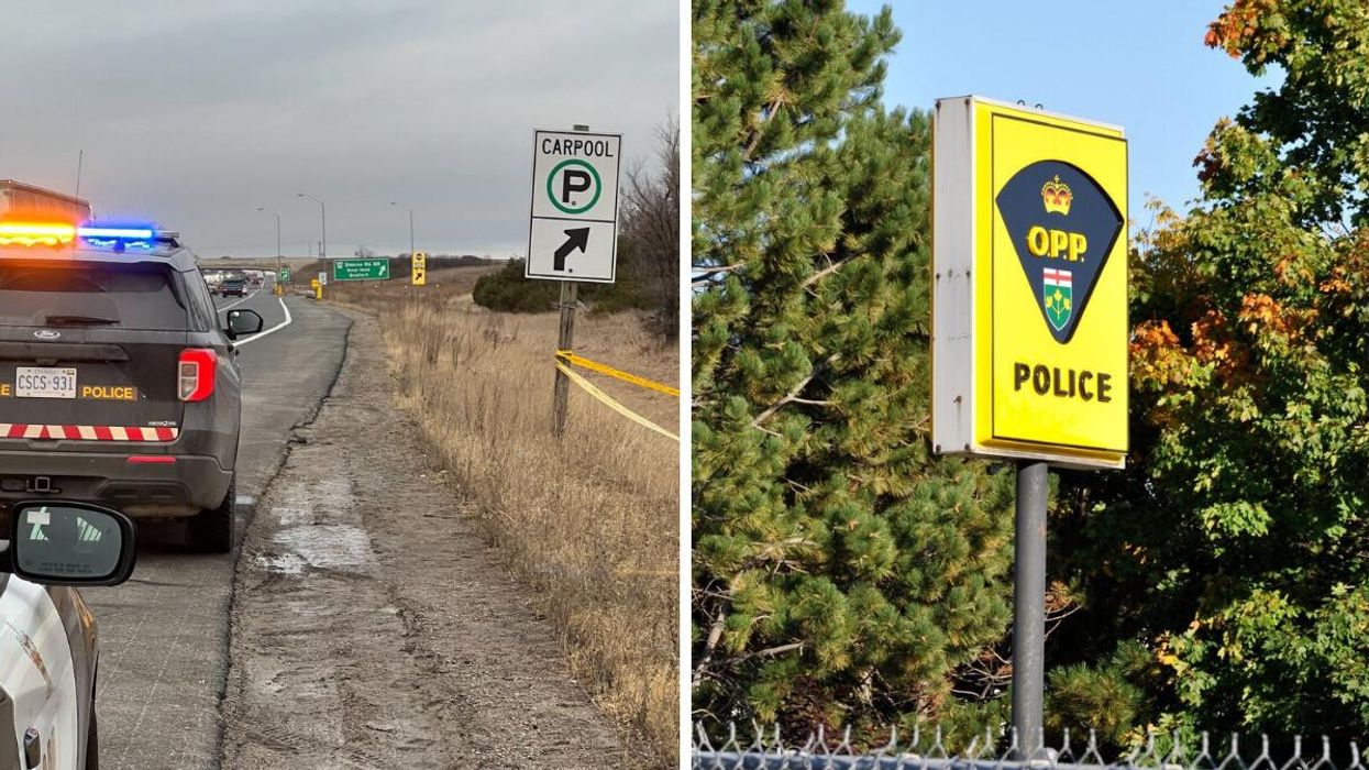 OPP on the scene on Highway 400. Right: OPP sign.