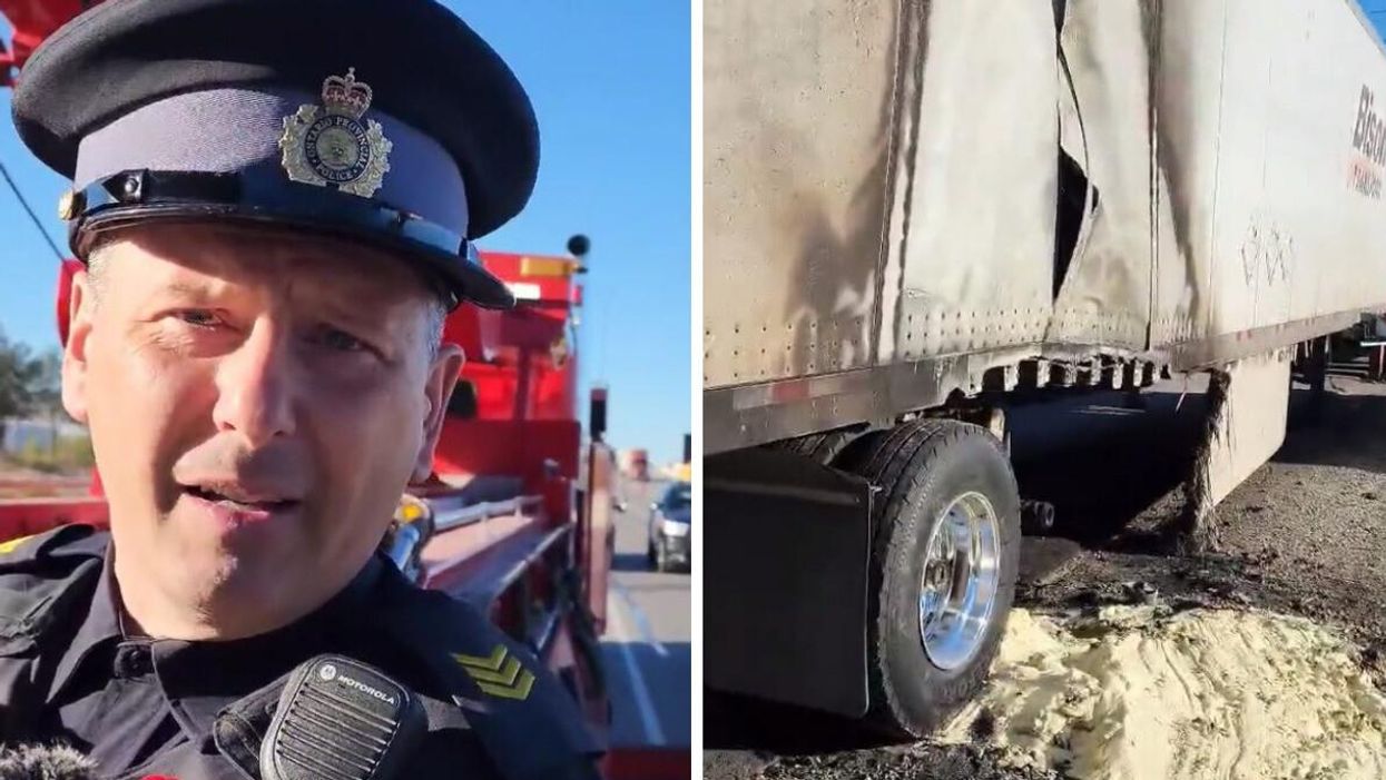 OPP Sergeant Kerry Schmidt. Right: A transport truck that caught fire.