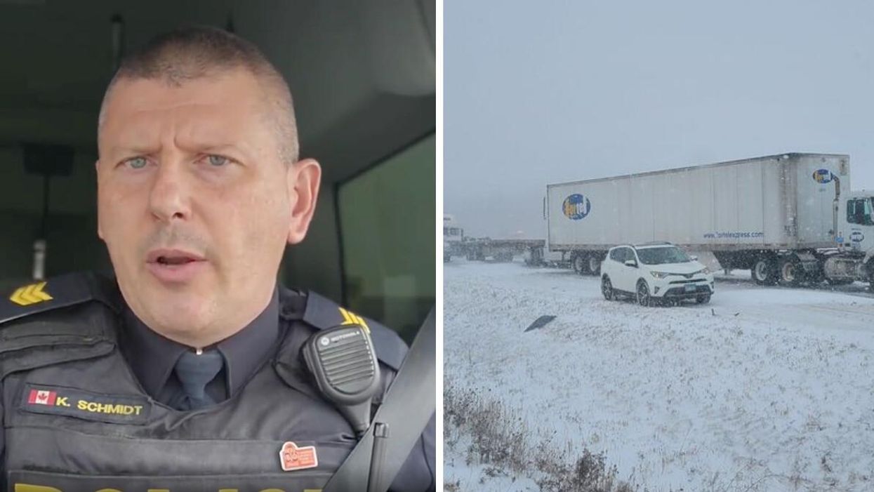 OPP Sergeant Kerry Schmidt. Right: One of several crashes on Highway 401 on December 23, 2022.