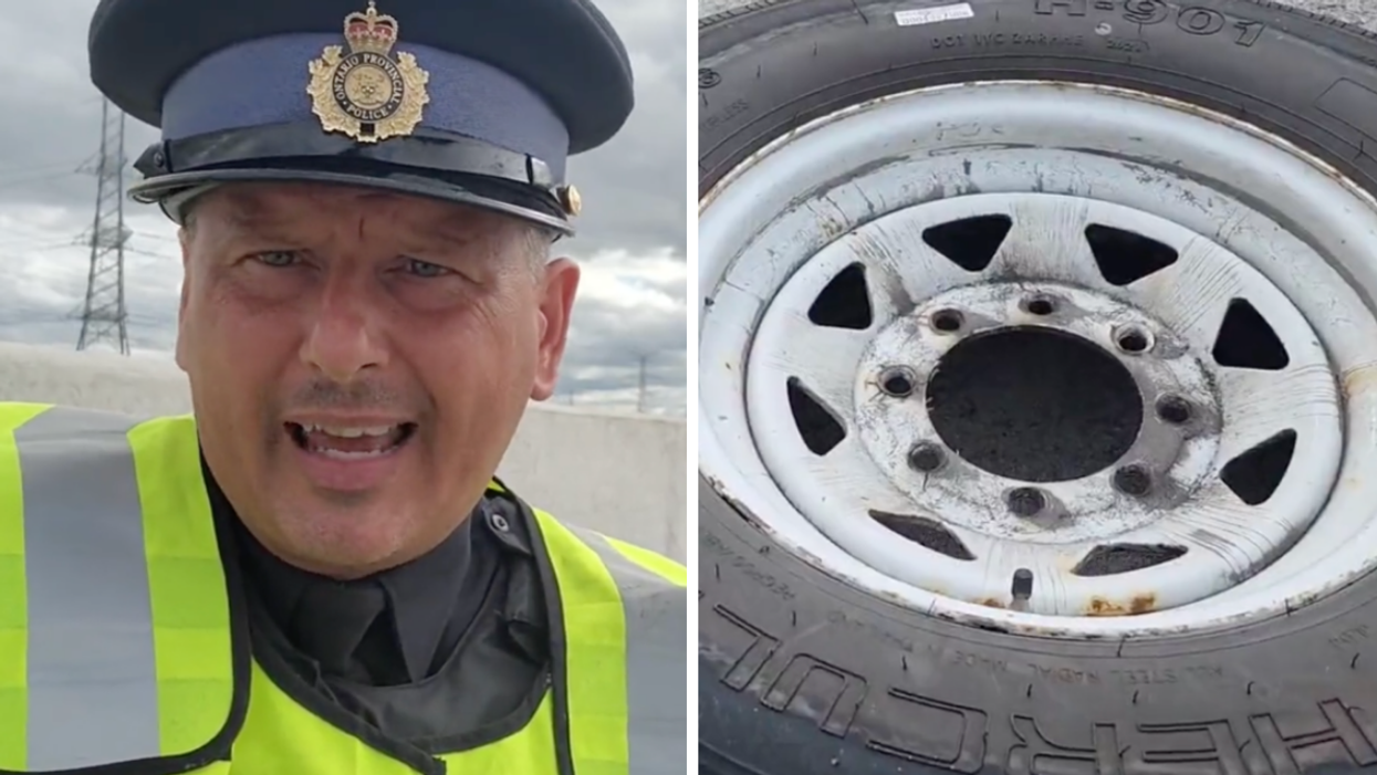 OPP Sergeant Kerry Schmidt. Right: The tire found on the side of Highway 407.