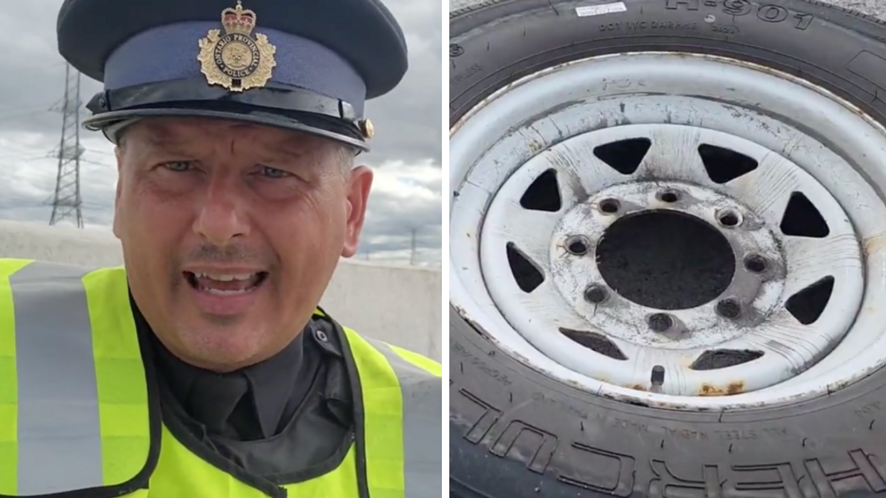 OPP Sergeant Kerry Schmidt. Right: The tire found on the side of Highway 407.