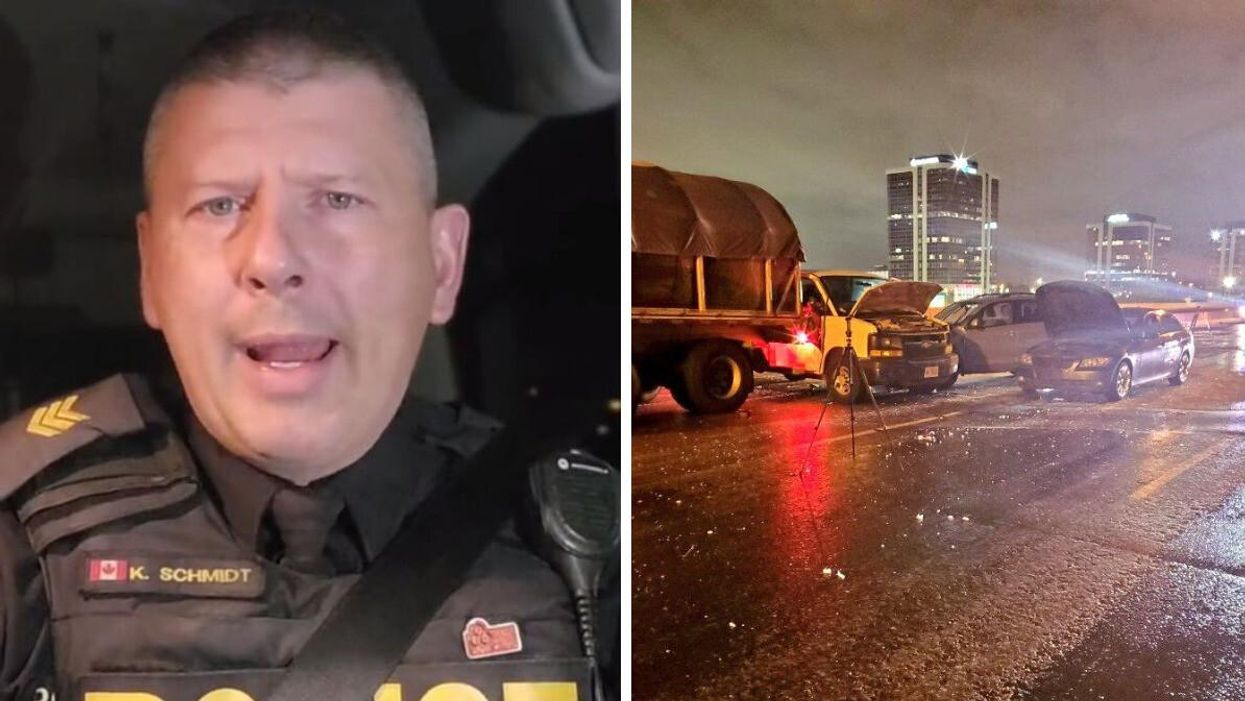 OPP Sgt Kerry Schmidt. Right: The scene of a 4-vehicle crash on Highway 427.