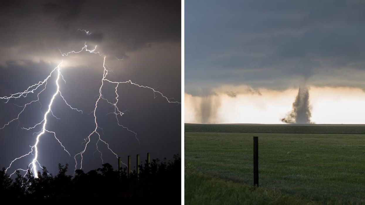 Orages dans le ciel. Droite : Tornade dans un champ. 