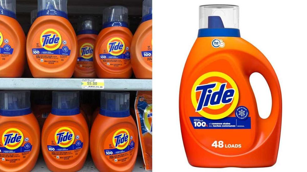 Orange bottles of laundry detergent that say Tide on them sitting on store shelves. Right: An orange bottle of laundry detergent that says Tide 48 loads.
