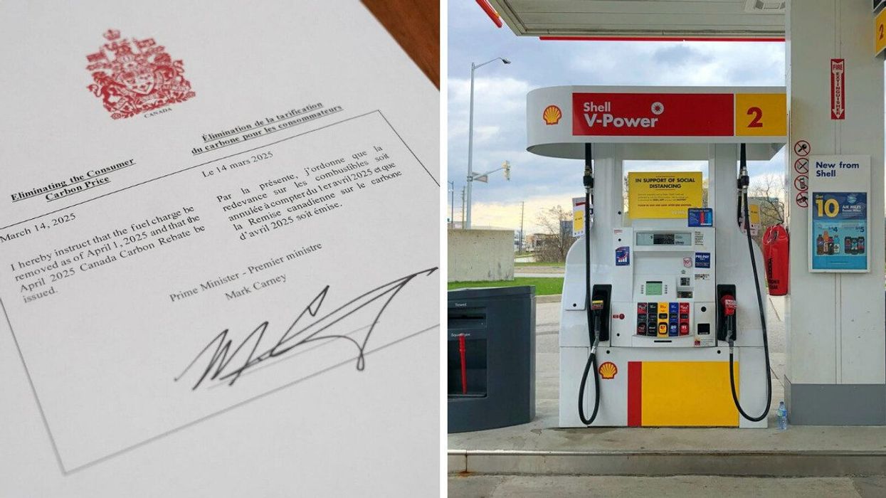 Order in council signed by Mark Carney on Friday. Right: gas pump.