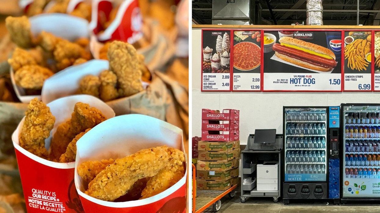 orders of wendy's chicken strips. right: costco food court menu at a store in canada