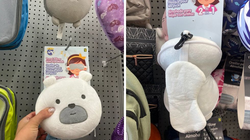 Oreiller de voyage avec masque pour les yeux en forme d'ours. Droite : l'int\u00e9rieur de la peluche.