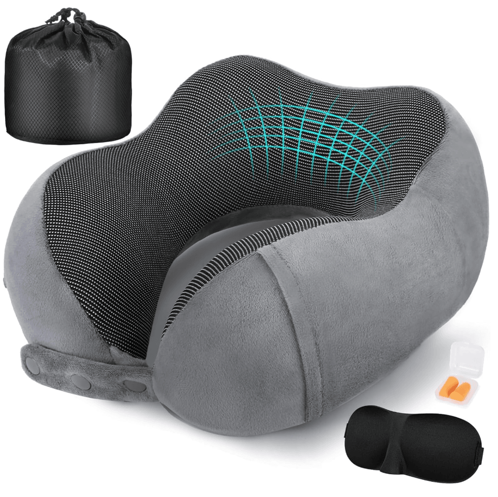 Oreiller de voyage gris en mousse m\u00e9moire avec sac de transport, masque de sommeil et bouchons d'oreilles.
