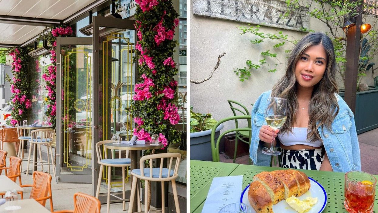 Oretta Midtown's patio in Toronto. Right: Person dining at Bonterra Trattoria's patio in Calgary.