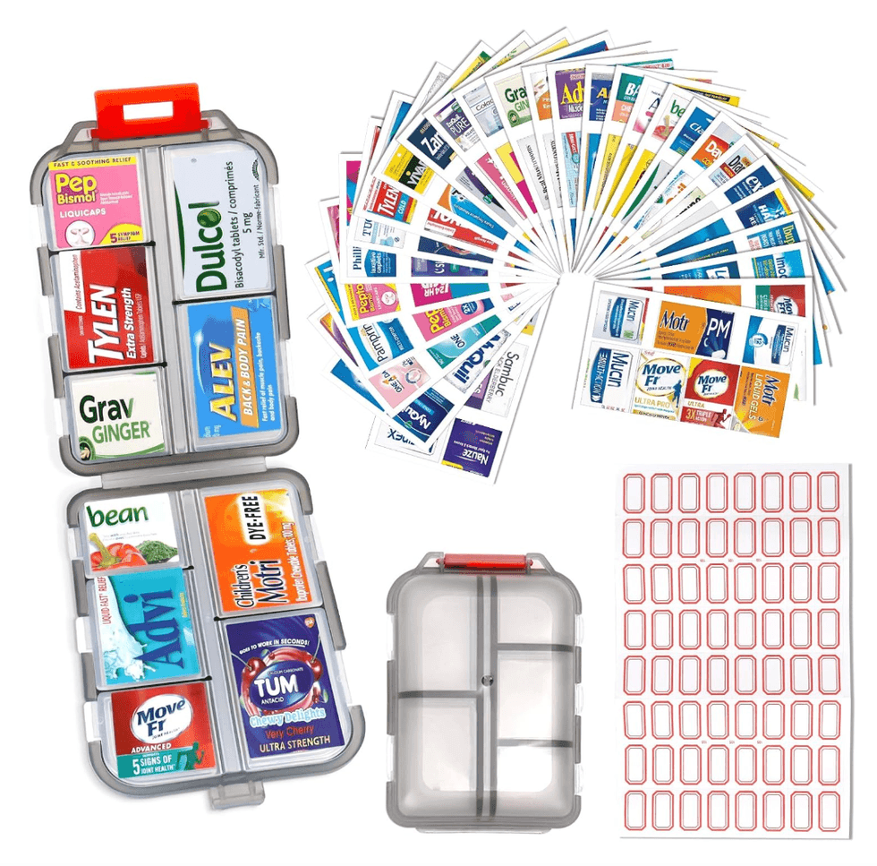 Organisateur de pilules de voyage \u00e0 dix compartiments avec feuilles d'\u00e9tiquettes incluses.
