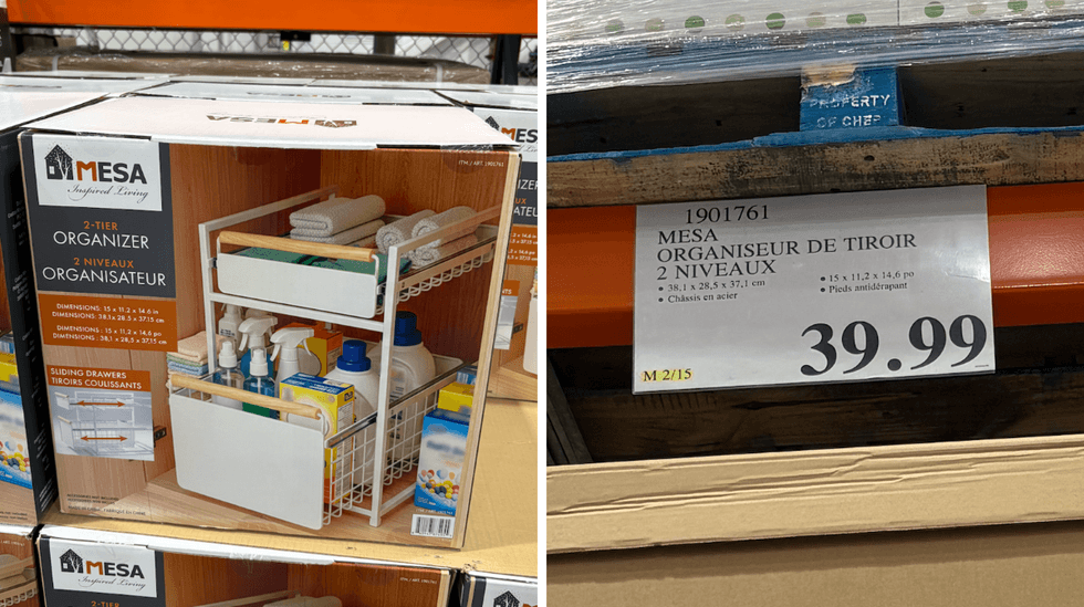 Organisateur Mesa \u00e0 deux niveaux avec tiroirs au Costco. Droite : Le prix de l'organisateur Mesa.