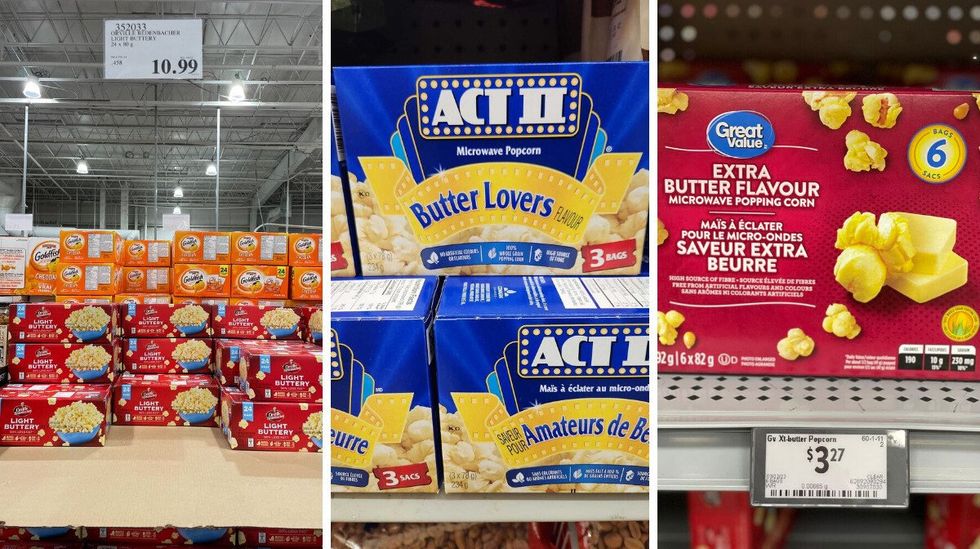 Orville Redenbacher microwave popcorn at Costco. Middle: Act II microwave popcorn at Dollarama. Right: Great Value microwave popcorn at Walmart.