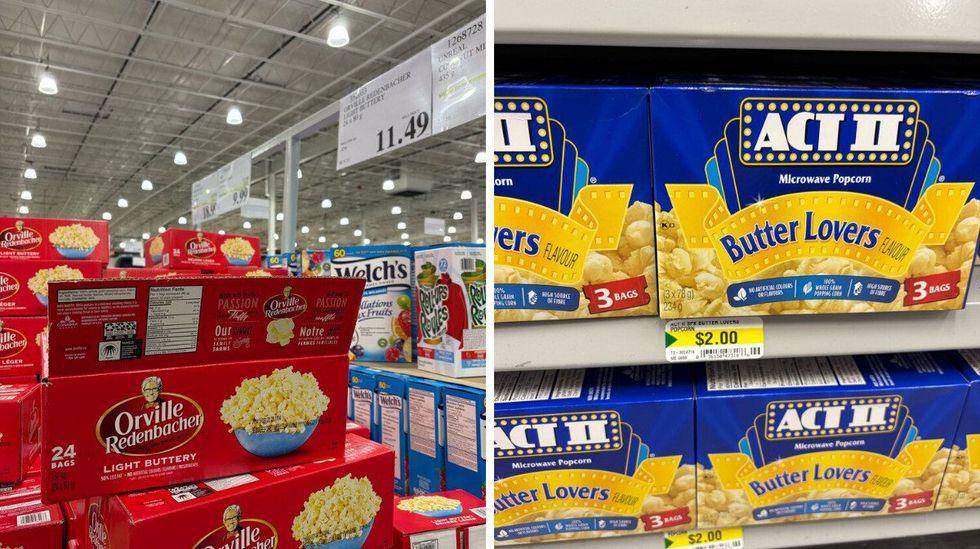 orville redenbacher microwave popcorn at costco. right: act ii microwave popcorn at dollarama