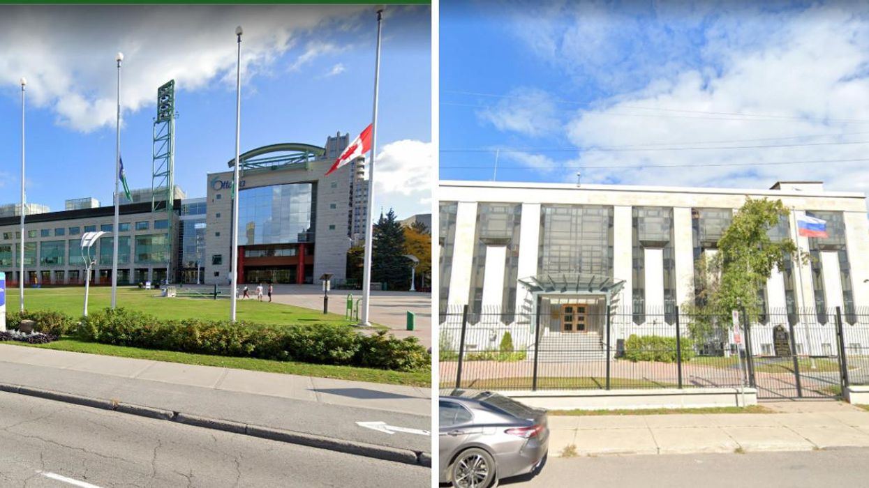Ottawa City Hall. Right: Embassy of Russia in Ottawa.