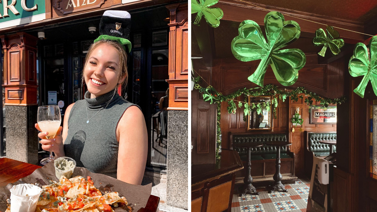 Ottawa girl on Heart and Crown patio with Guinness hat, right: interior Irish pub decorated for St Patrick's Day