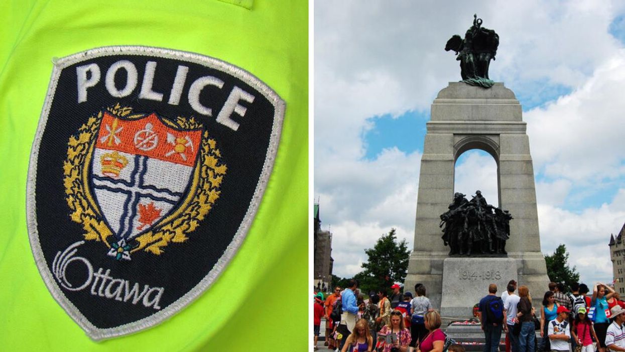 Ottawa Police Service badge. Right: National War Memorial.