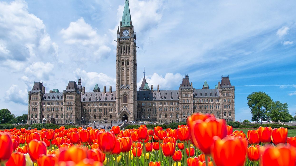 Ottawa's Centre Block with a field of tulips in the foreground.