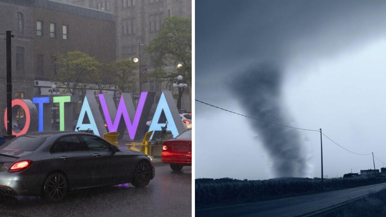 Ottawa sign in the rain. Right: Tornado.
