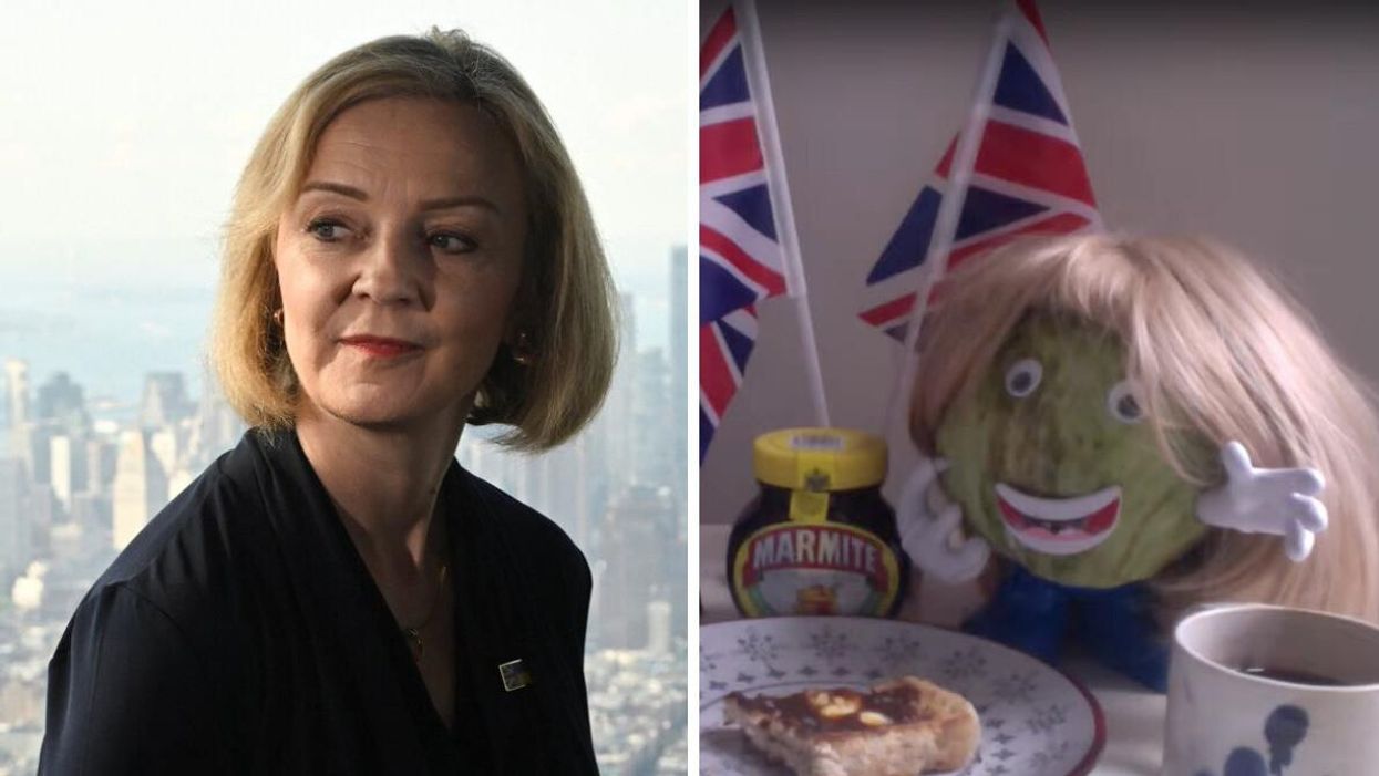 Outgoing U.K. Prime Minister Liz Truss. Right: A head of lettuce dressed as Liz Truss.