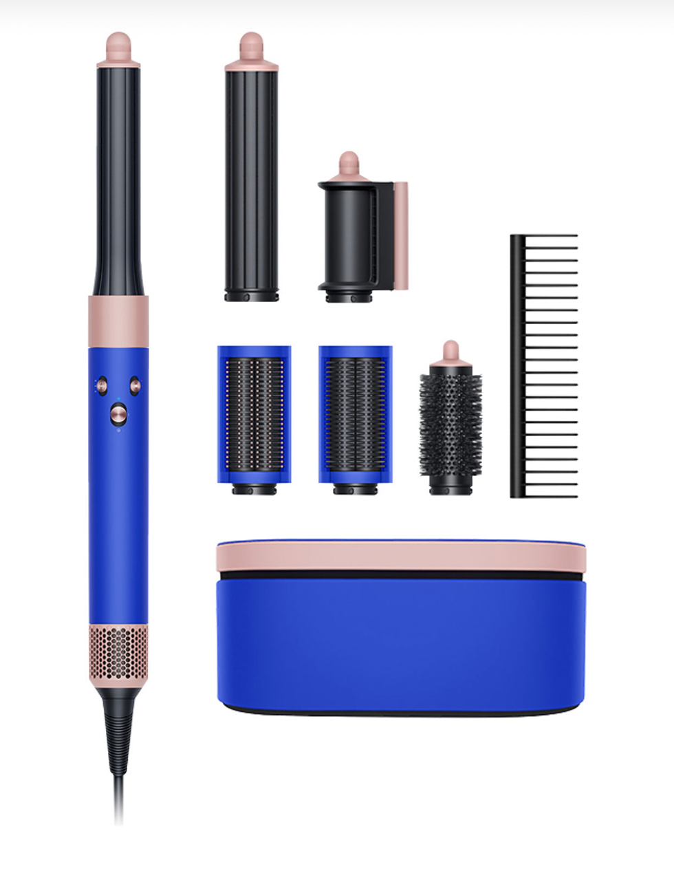 Outil coiffant Airwrap de Dyson et ses accessoires de la teinte bleu royal et rose.