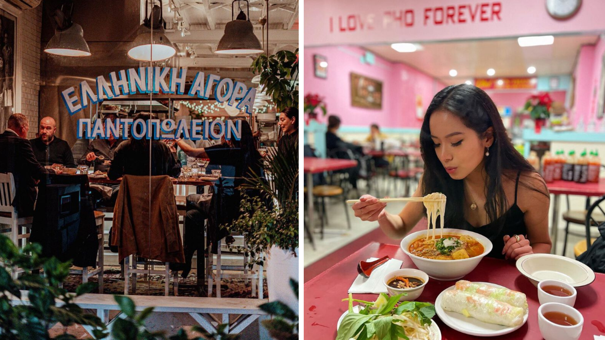 Outside Mamakas on Ossington Avenue. Right: Person eating Pho inside Pho Tien Thang on Ossington Avenue.