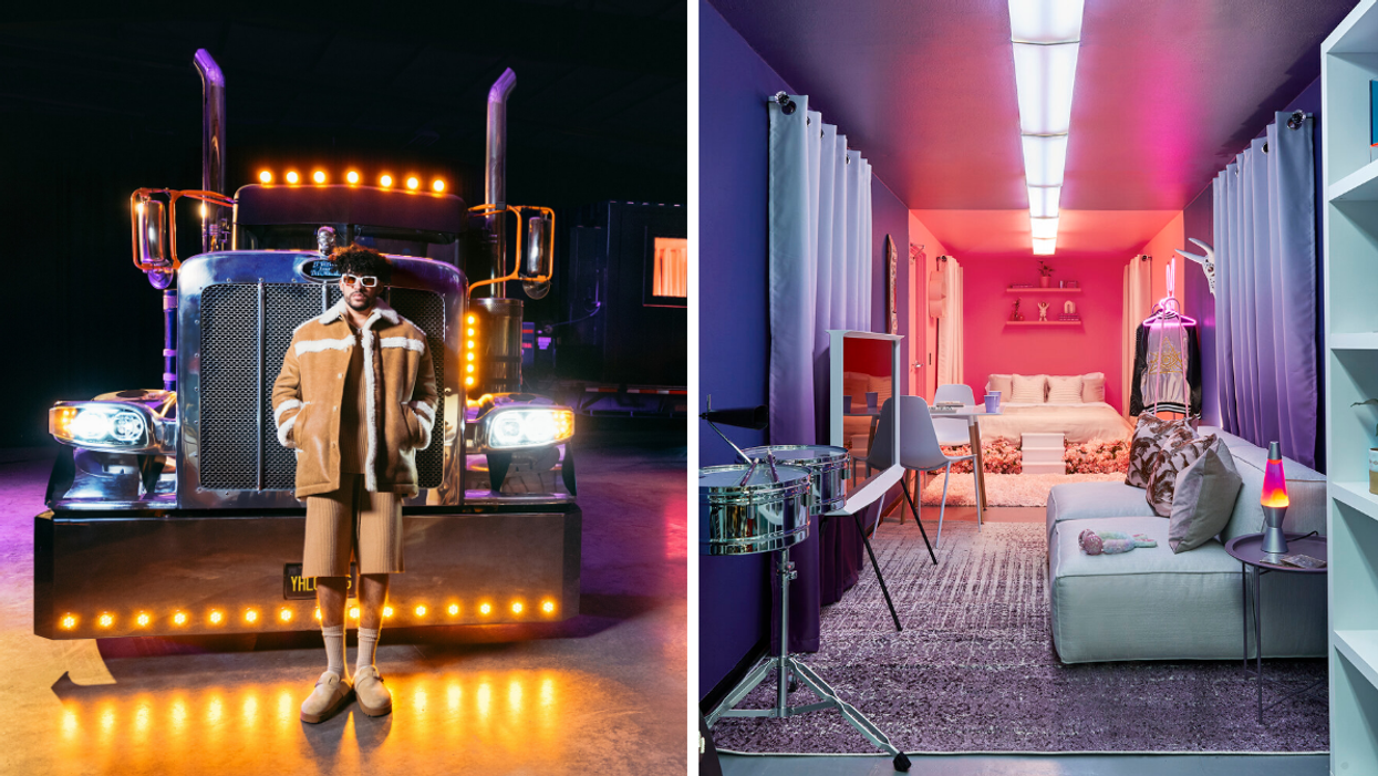 Outside of Bad Bunny's big rig. Right: Inside of Bad Bunny's big rig.