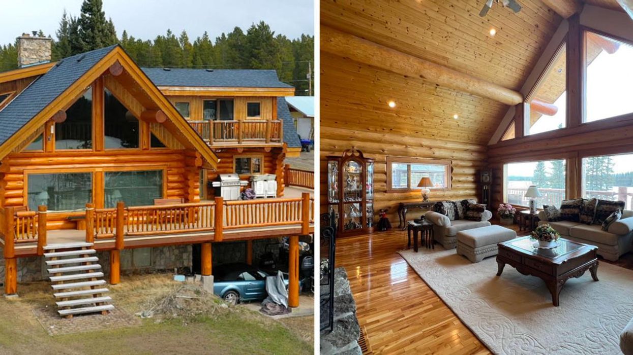Outside of log home. Right: Living room in log home.